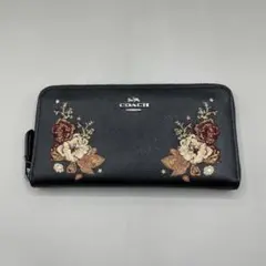 極美品✨️希少 コーチ 長財布 ラウンドファスナー 花刺繍 フラワー レザー 黒