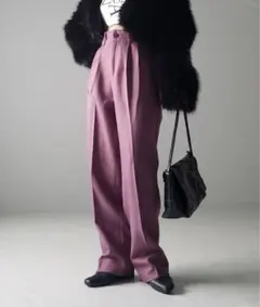 太ベルトハイウエストウールライクカラータックスラックス