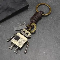 ロボット キーホルダー B アンティーク ブロンズ レトロ チャーム 革 レザー