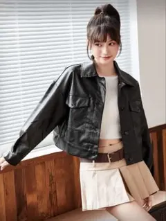レディース　レザージャケット　ライダース　ブラック　春　フロントボタン　ミニ丈