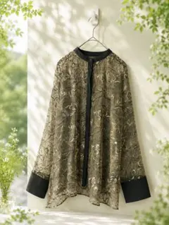 vingtrois 花柄刺繍シアーブラウス 上品 グリーン系 長袖のサムネイル