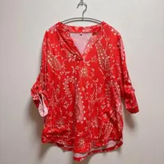 1点物✨【L】 花柄 五分袖 シャツ 赤 レッド トップス カジュアル