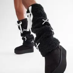 ファーリボン付き　レッグウォーマー　ブラック　レディース　防寒　おしゃれ