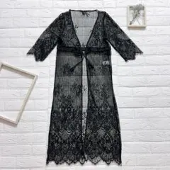 GORGE　7分袖　ロングカーディガン　ブラック　レース　透け感　羽織り