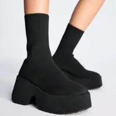 厚底ブーツ ソックスブーツ ショートブーツ 黒