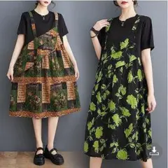 大きいサイズ レディース ワンピース　重ね着風　サロペット　春夏 秋 新品 半袖