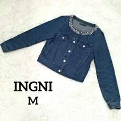 イング ビジュー付きノーカラーデニムジャケット クロップド丈 装飾 Gジャン M