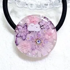 ピンクマーブル 猫ちゃん♡ かすみ草 お花 レジン ヘアゴム ネコ ねこ