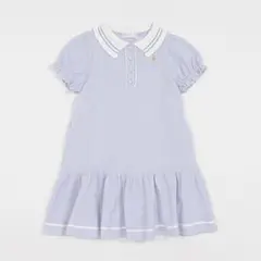 メゾピアノ　クマ刺しゅう　ポロ衿パフスリーブ　ワンピース　サックス 130cm