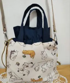 ハンドメイド　巾着トートバッ　ショルダーバック　カマノレイコ生地使用