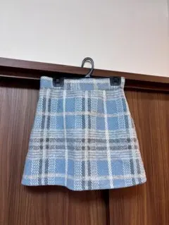 【美品】ブルー系チェック柄 台形ミニスカート 冬素材