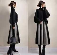 セットアップ　エレガント　着痩せ　体型カバー　長袖　ぽわん袖　バイカラー　配色