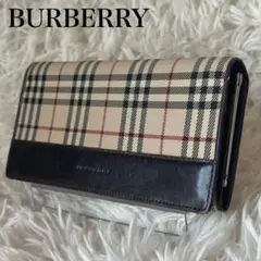 バーバリー ノバチェック がま口 長財布 キャンバス レザー ブラウン 二つ折り