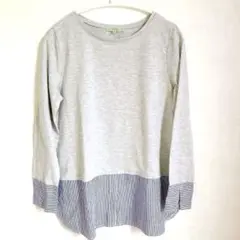 美品✨グレーロンＴ 重ね着風 ストライプ柄 普段使い クルーネック Mサイズ
