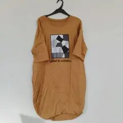 プリントTシャツ ロング丈 綿100% ブラウン