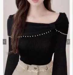 販売終了品 パールリボンオフショルダーニットトップス［gf109a］