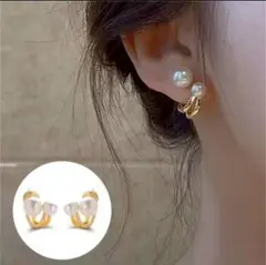 2粒パール　ゴールド　立体カーブ　シンプル　美しい　ギフトボックス付き　ピアス