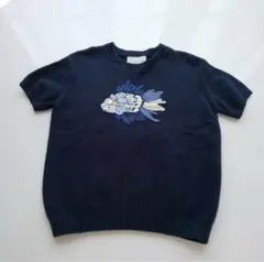 SEVEN TEN ネイビー 魚刺繍 半袖ニット　フリーサイズのサムネイル
