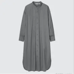 UNIQLOコットンギャザーロングシャツワンピース　　カーキM