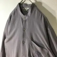 【個性派古着】日本製　長袖デザインシャツ　バンドカラー　パープル　豪華刺繍入　M