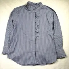 DoCLASSE ストライプ フリルブラウス 11号 ブルー 美品 上品のサムネイル