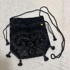 ヌキテパ ne Quittez pas ベルベット 刺繍 巾着バッグ 黒のサムネイル