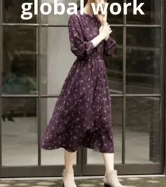 バンドカラーにクラシカル花柄のさらさらリラックスギャザーロングワンピース