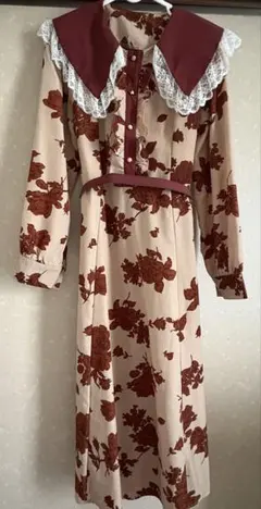 レース襟花柄ワンピース　古着　レトロガーリー