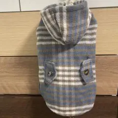 犬服 フード付き 青とベージュのチェック柄コート　サイズL
