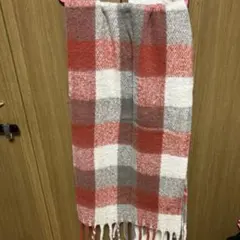 チェック柄　フリンジ　大判　マフラー 赤 グレー 白