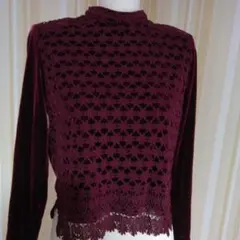 バーガンディ 花模様レース 長袖トップス