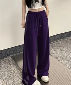 パープルサイドストライプ付き ウエストゴム ストレートワイドパンツ SHEIN
