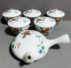 深川製磁 茶器揃 菊小鳥 蓋付き湯飲み 急須