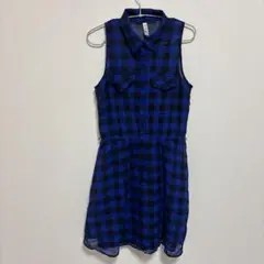 ノースリーブワンピース 【M】ブルー チェック フレア カジュアル 透け感