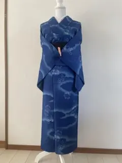 杏*架様 青色 花柄 着物 綿？化繊？　単衣　広襟