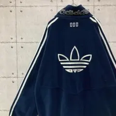 80's アディダス フリースジャケット　トレフォイル刺繍　3ライン 紺　L