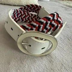 編み込みデザイン ベルト 白赤黒　レディース