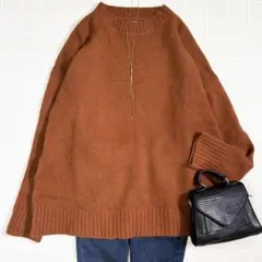 ウール ラクーン混 クルーネックニット ブラウン ゆったり ふんわり 長袖