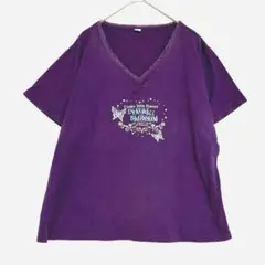 VネックプリントTシャツ　紫　3L 大きいサイズ