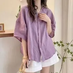 レディース 夏物新作●カジュアル 着痩せ 無地 ブラウス ラウンドネック