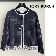 TORY BURCH トリーバーチ　ネイビー ドット柄 ノーカラージャケット M