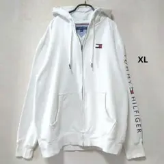 トミーヒルフィガー パーカー ホワイト XL 袖ロゴ フルジップ フーディー