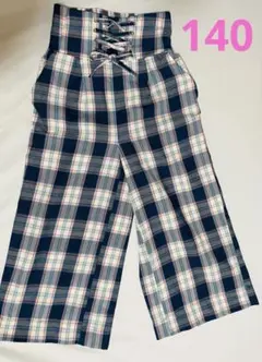 ワイドパンツ　チェック柄ハイウエストパンツ　140