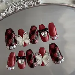 フレンチガーリー 量産型 韓国 チェック ワンホン 地雷系 スナ系 ネイルチップ