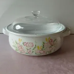 花柄デザイン 両手鍋 ガラス蓋付き　昭和レトロ