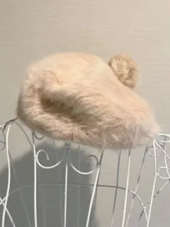 ラビットファー素材 ベレー帽 ポンポン付き