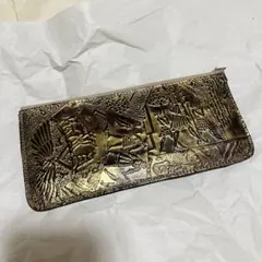 【極希少】古代壁画デザイン 長財布 レザー型押し ゴールド 圧巻のインパクトのサムネイル