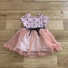 チュール切替えドットワンピース　ピンク　90