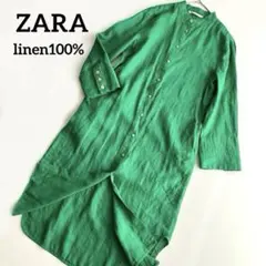 【美品】ZARA リネン100% グリーン シャツワンピース　バンドカラー