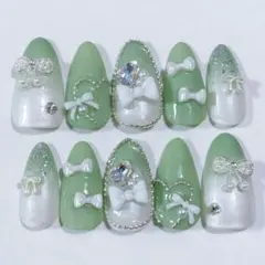 【♡No.16♡】ネイルチップ グリーン ガーリー リボン ハート 量産型